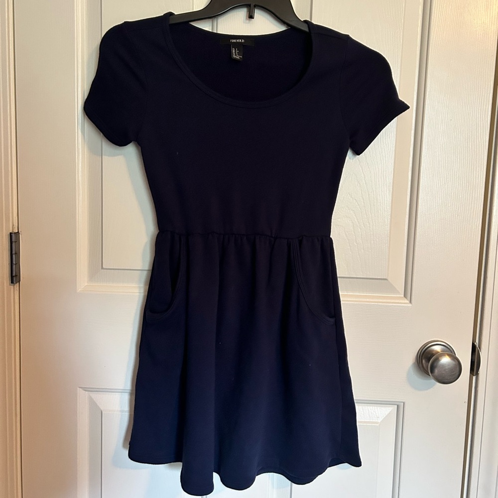 Dark Blue T-Shirt like dress, cinched waist, pockets